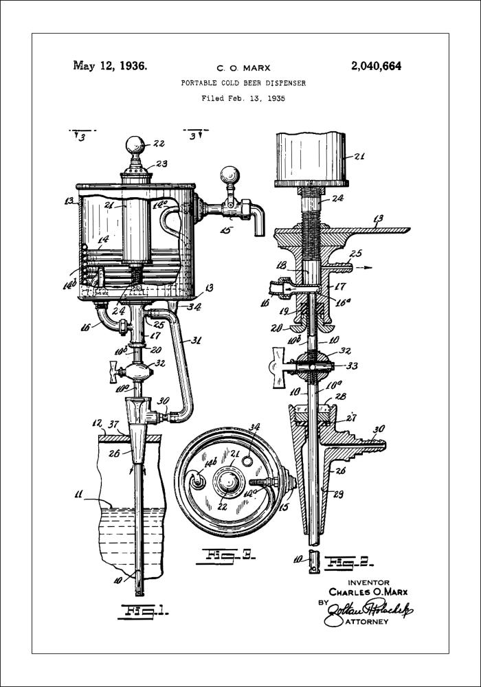 Bildverkstad Patent Print - Portable Cold Beer Dispenser - White Poster