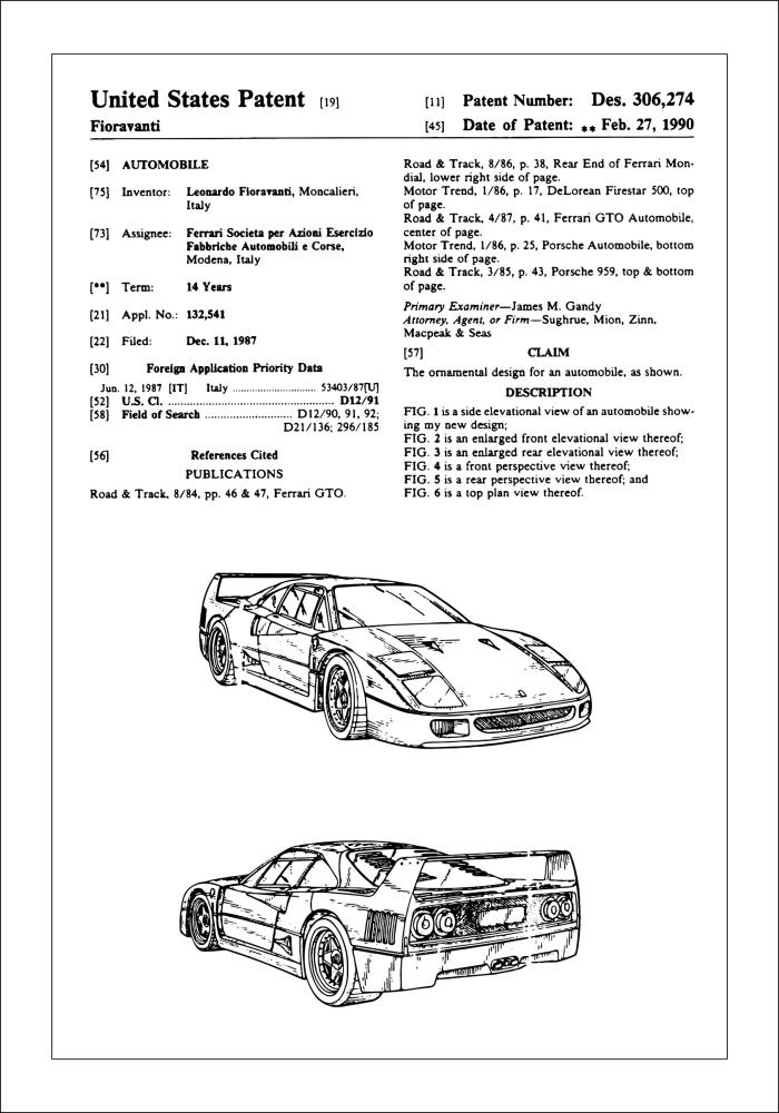 Bildverkstad Patentzeichnung - Ferrari F40 I Poster